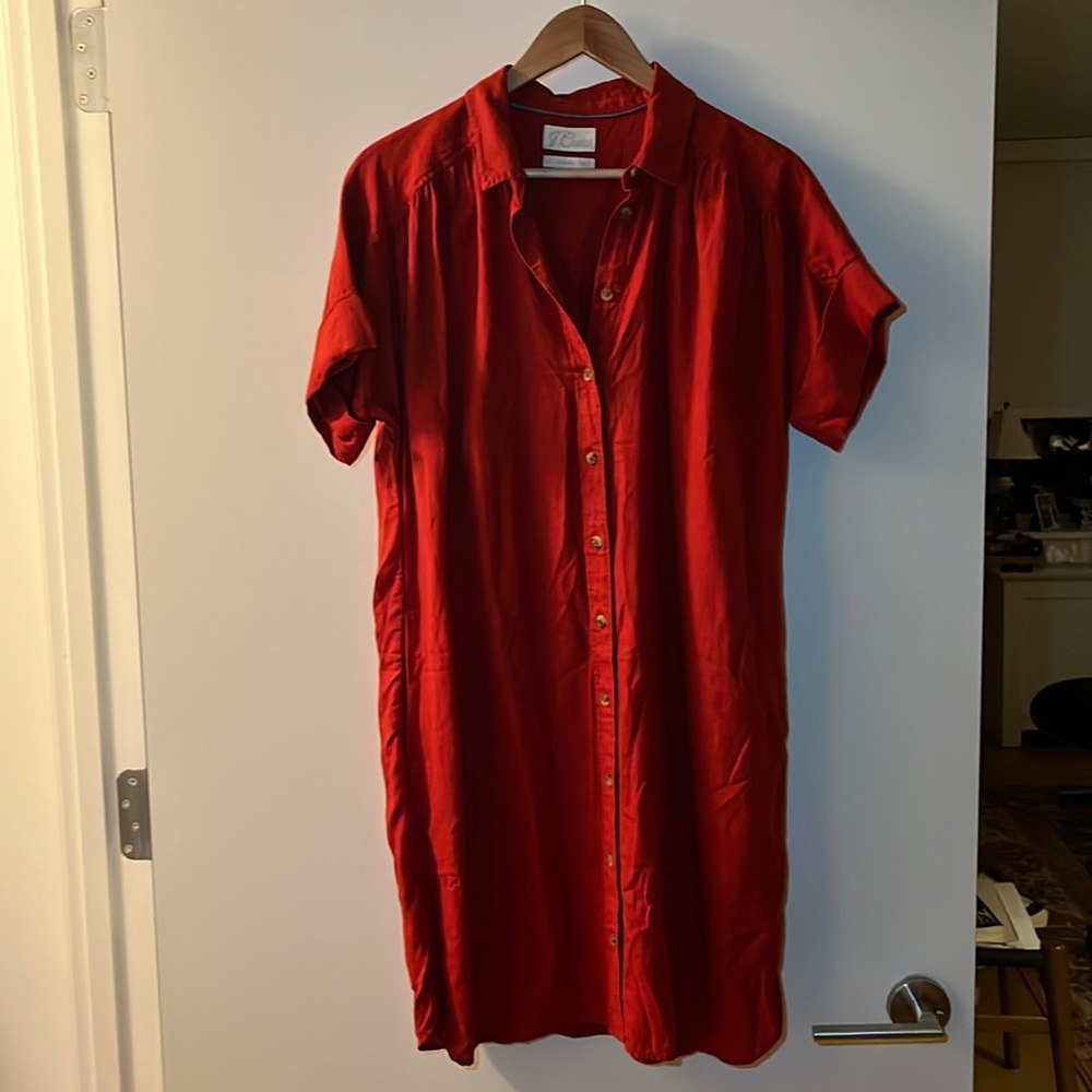 J. Crew Deep Orange 100% Linen Relaxed Fit Shirt Dress Pockets Knee Length Small